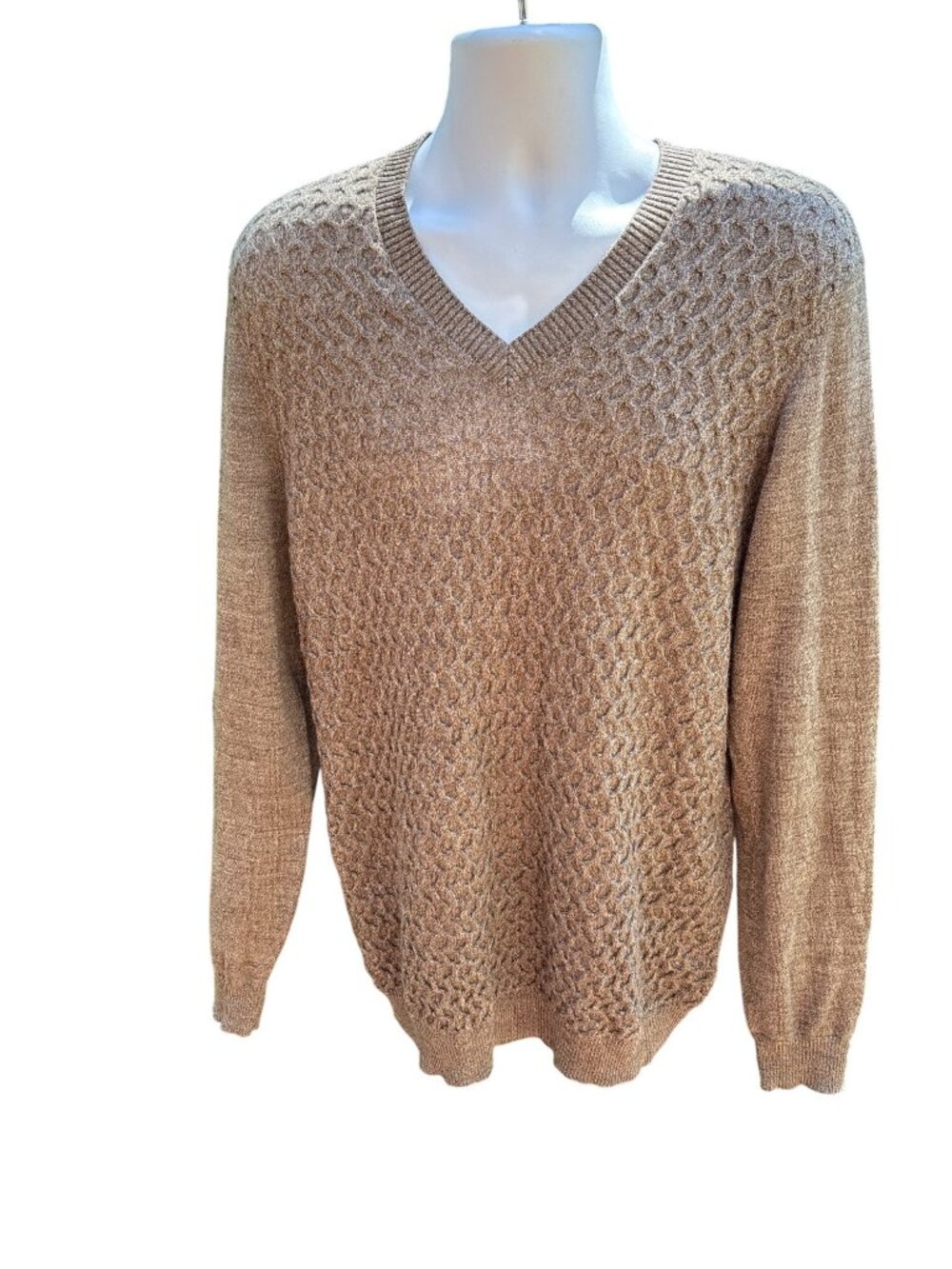 Merino Wool Blend Honeycomb Knit Men's Size XL Brown V-Neck Sweater